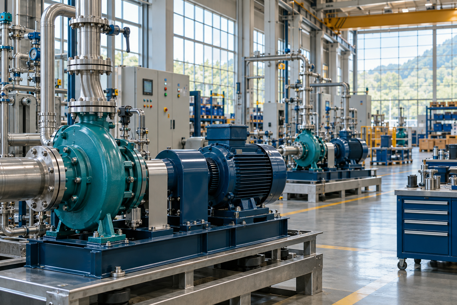 Asteron centrifugal pump and electric motor assembly on a bright manufacturing floor