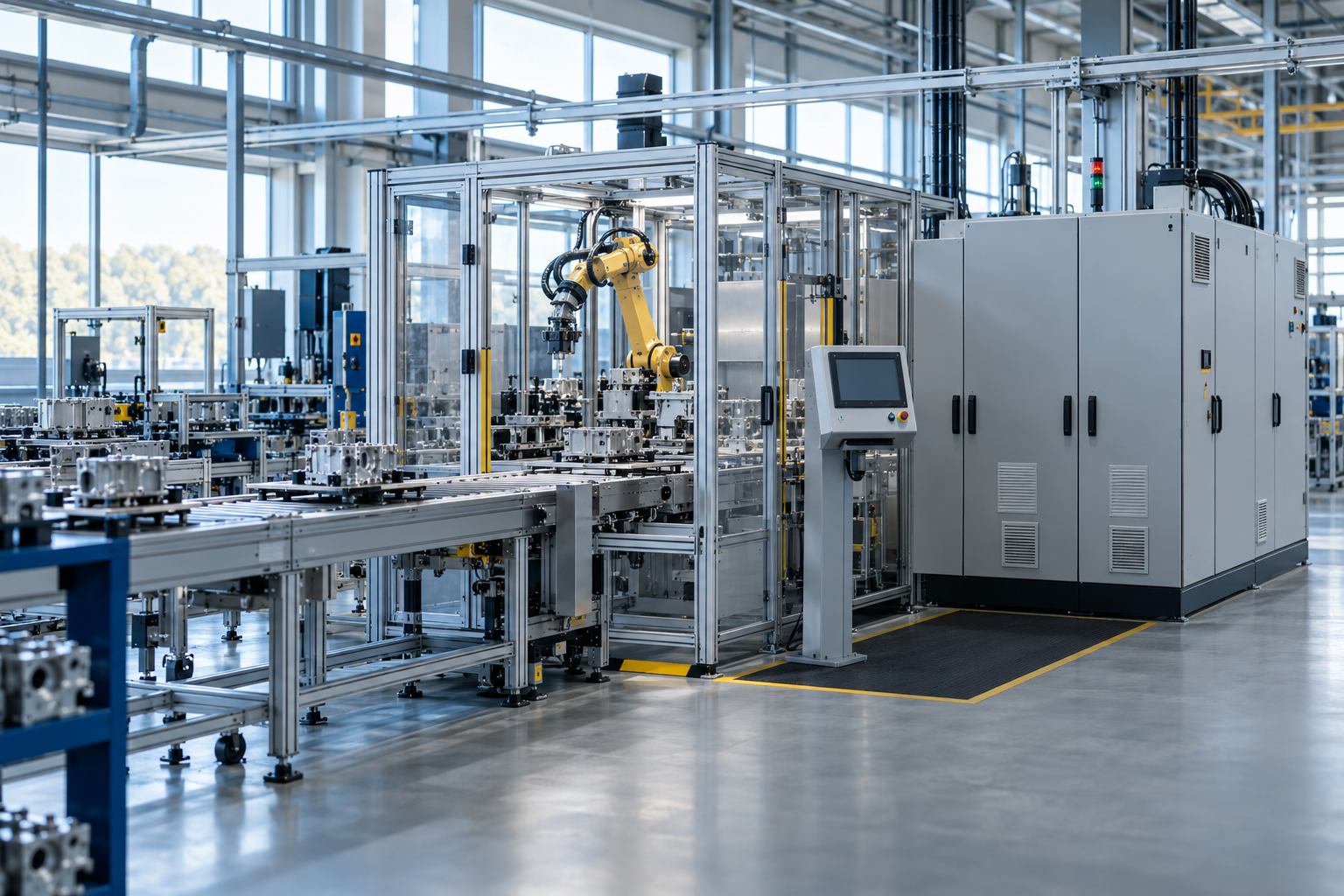 Automated production cell with control cabinets and operator console