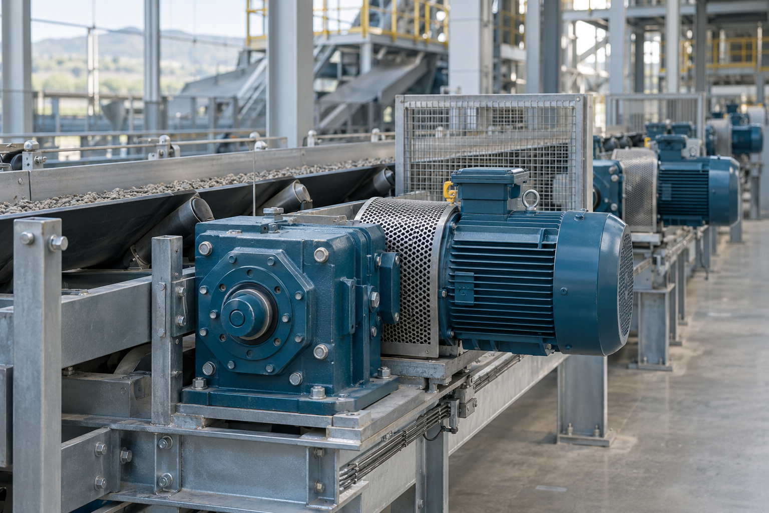 Motor and gearbox drive systems along an industrial conveyor