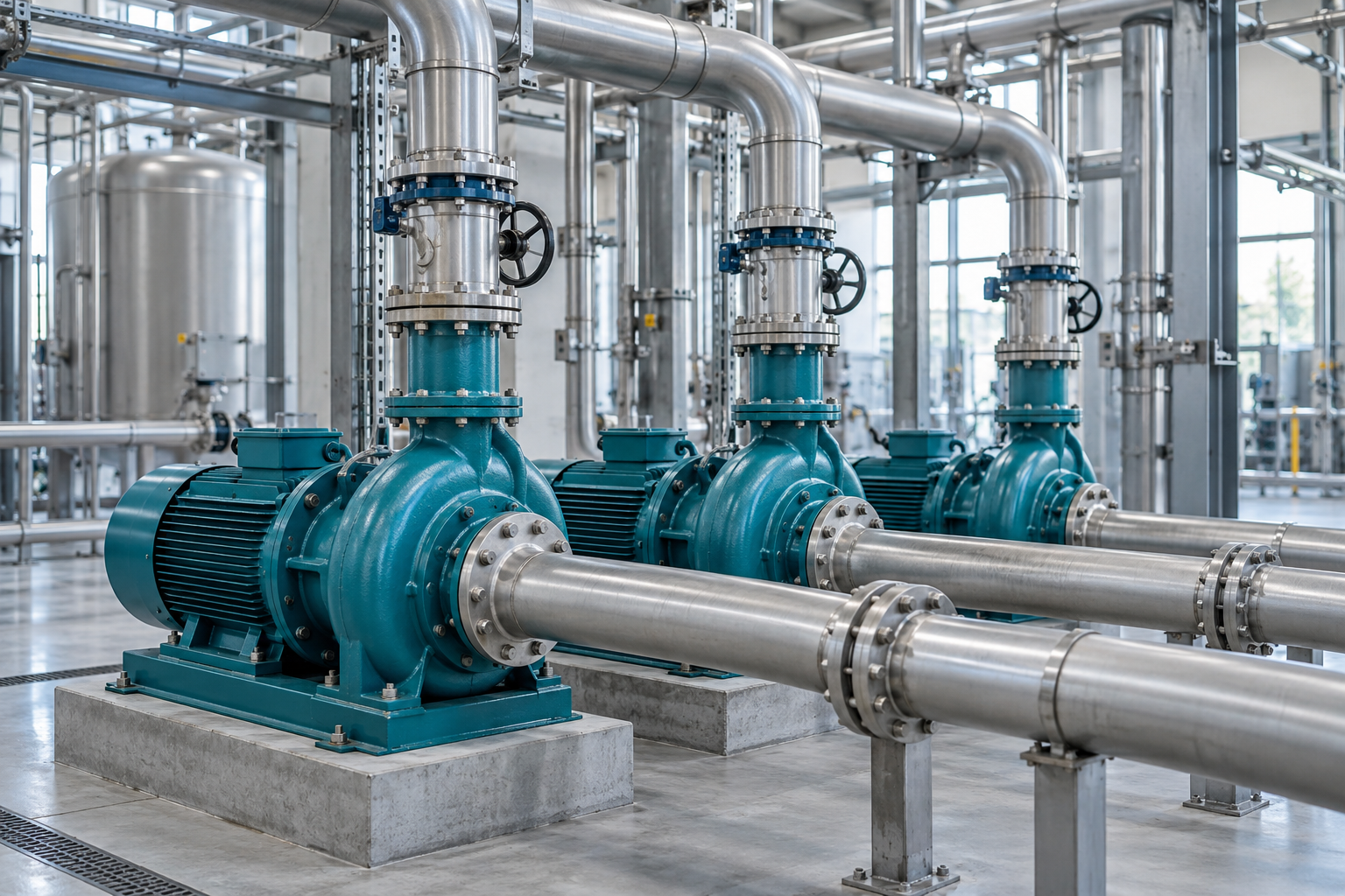 Installed pump bank connected to process pipework