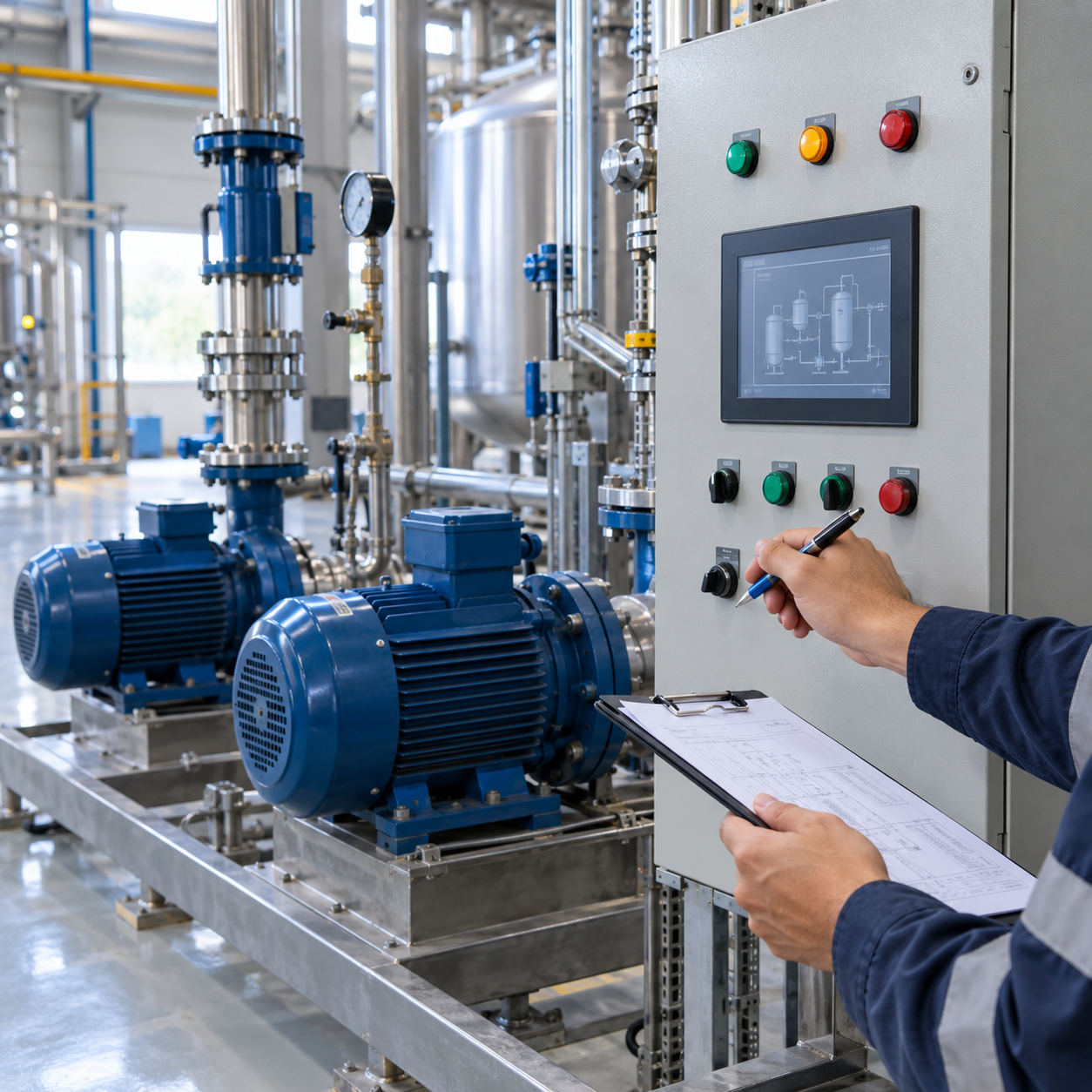 Field engineer checking an industrial control panel beside installed rotating equipment
